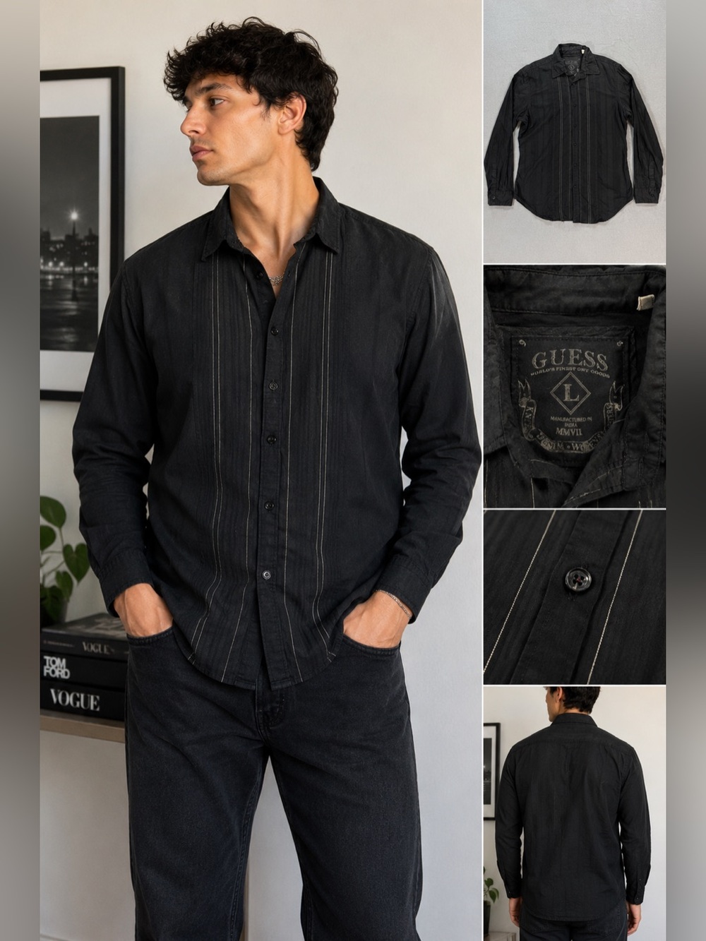 GUESS Black Pinstripe Collar Shirt - L